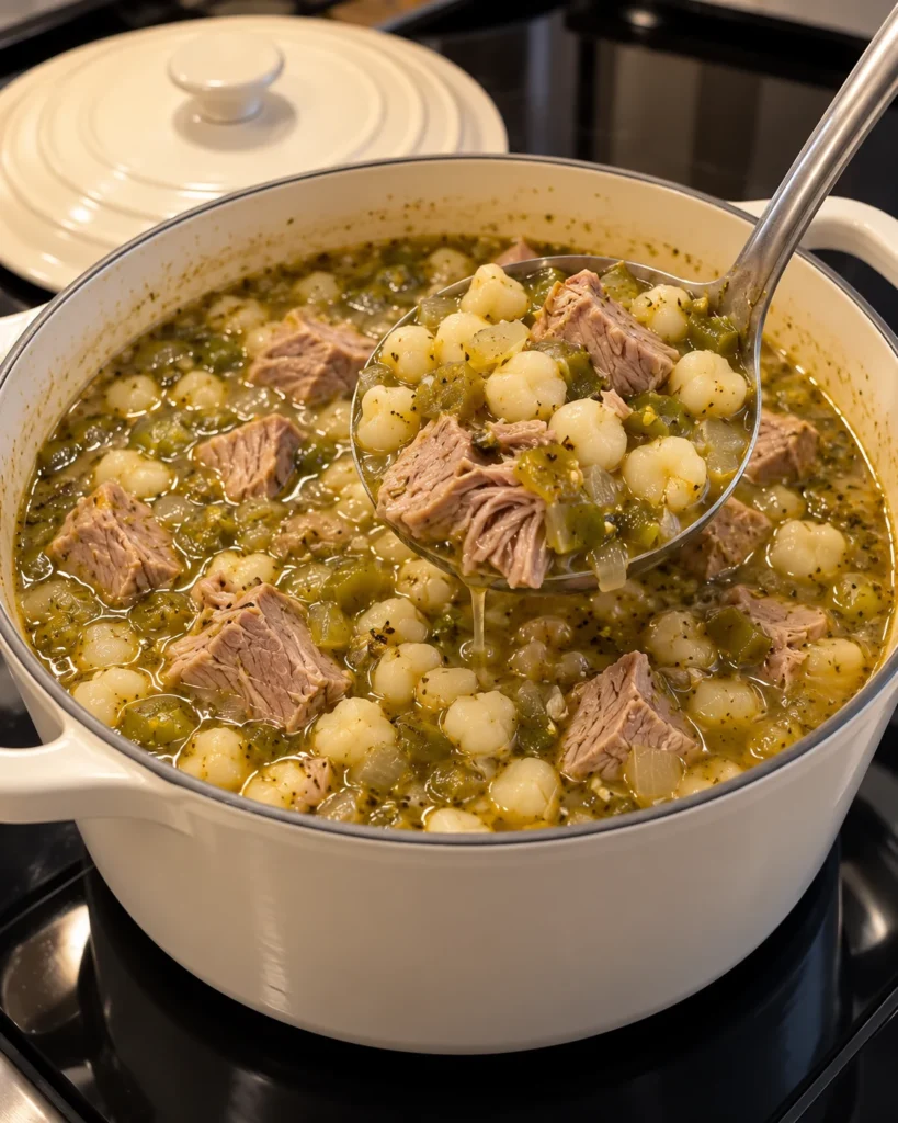 New Mexico pork and hominy stew with green chile broth in a cream Dutch oven