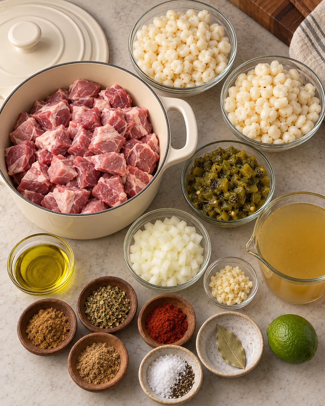 Ingredients for New Mexico pork and hominy stew arranged on a countertop