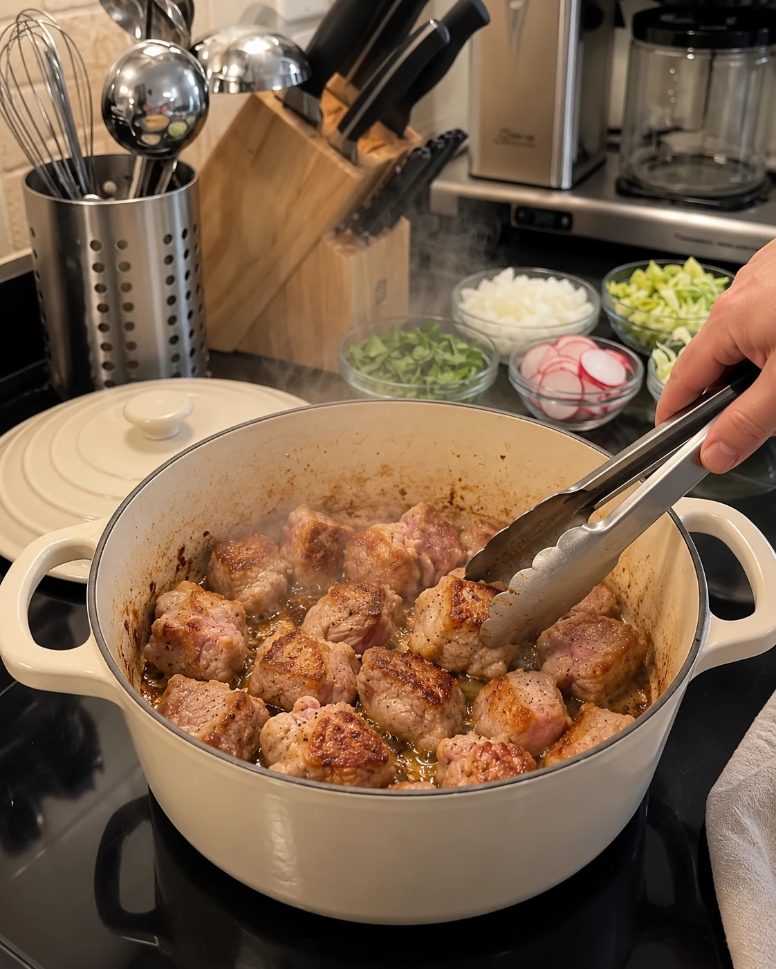 Pork shoulder cubes browning in a cream Dutch oven