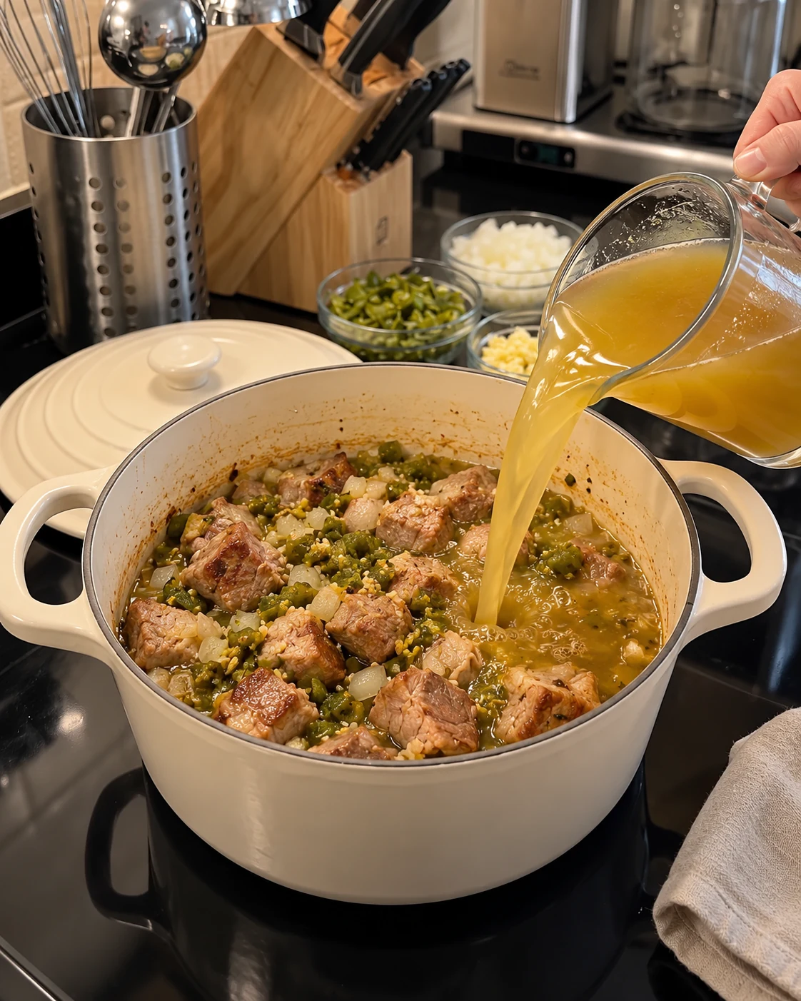 Chicken broth poured over browned pork and roasted green chiles