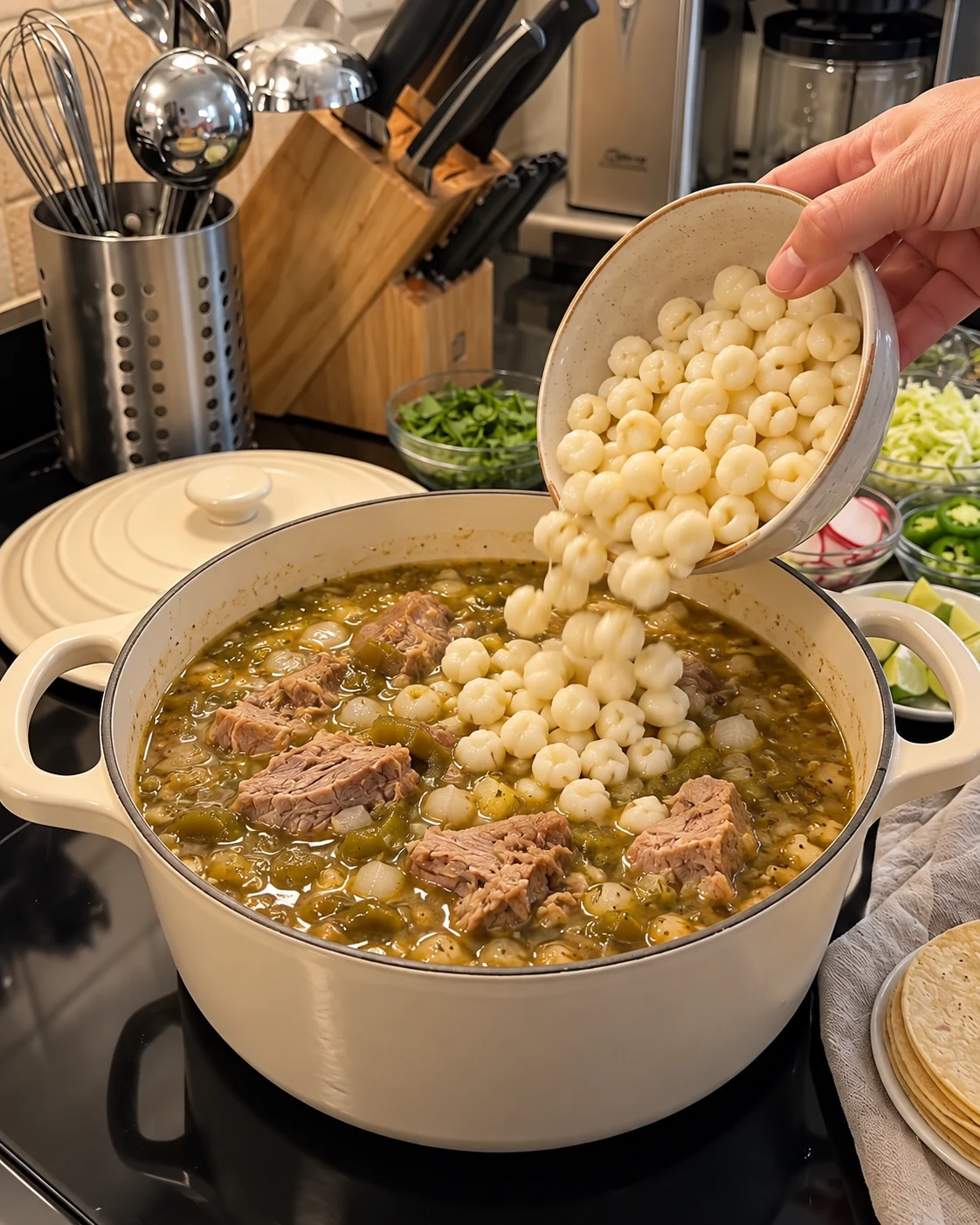 White hominy added to tender pork simmering in green chile broth