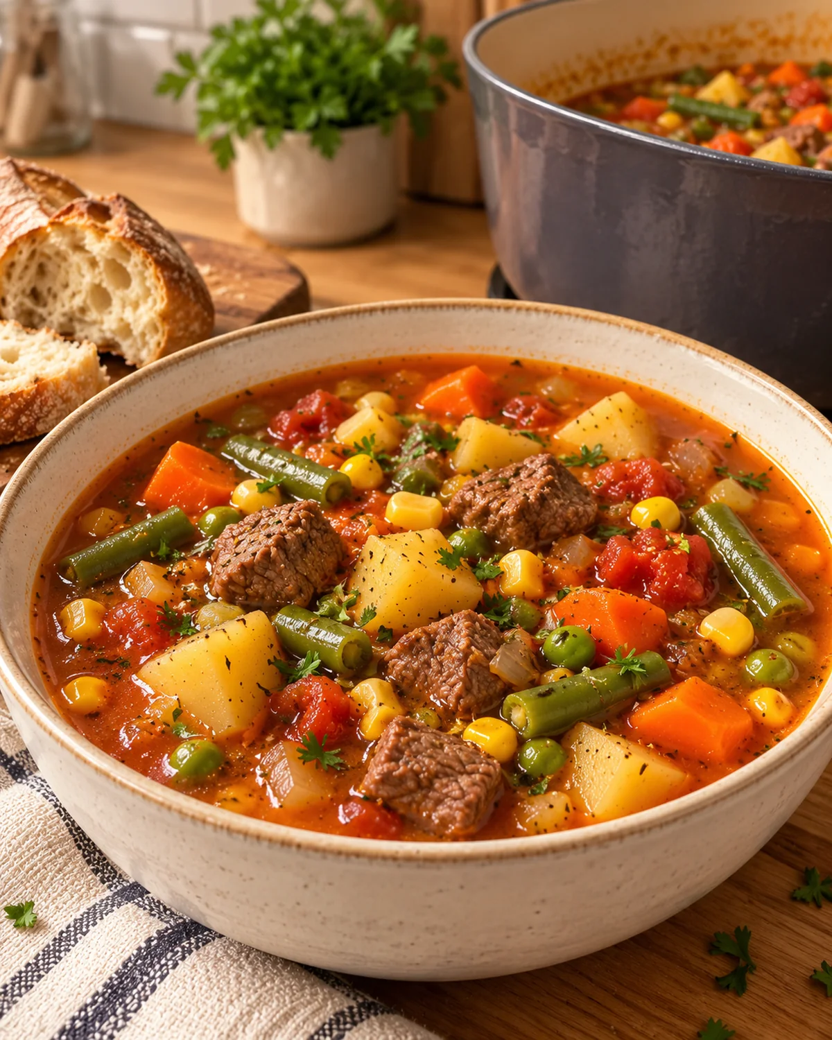 Old-Fashioned Vegetable Beef Soup served in a ceramic bowl with parsley