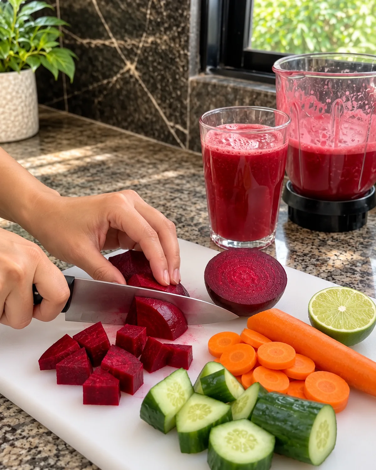 Chopped beetroot carrot slices and cucumber chunks being prepared for juice