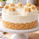 Finished Rice Krispy Treat no-bake cheesecake with whipped cream and crispy rice treat cubes