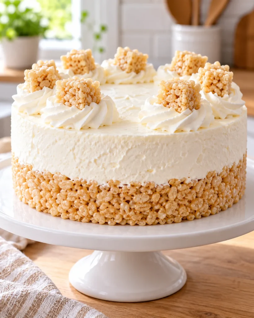 Finished Rice Krispy Treat no-bake cheesecake with whipped cream and crispy rice treat cubes