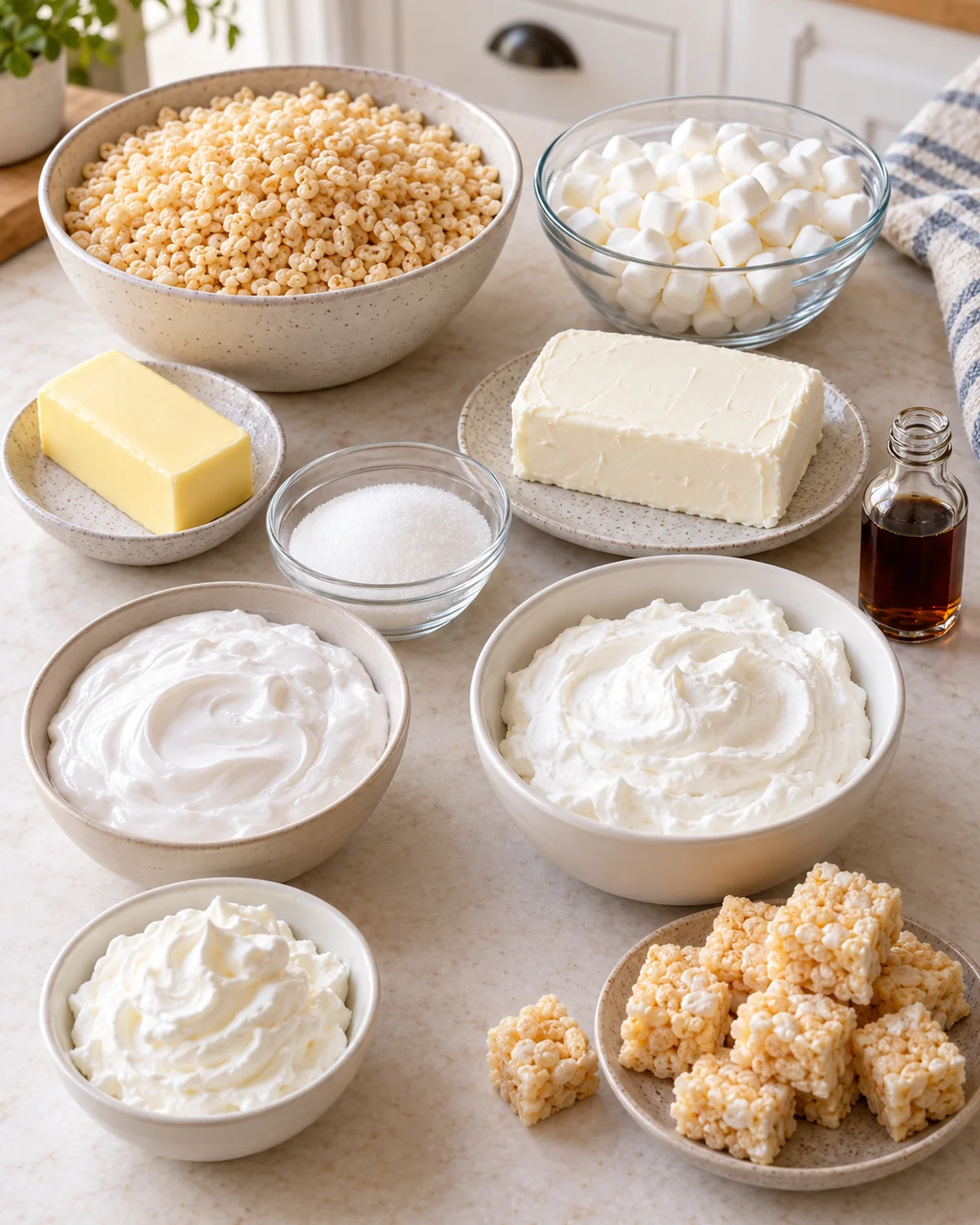 Crispy rice cereal, marshmallows, butter, cream cheese, sugar, vanilla, marshmallow creme, and whipped topping