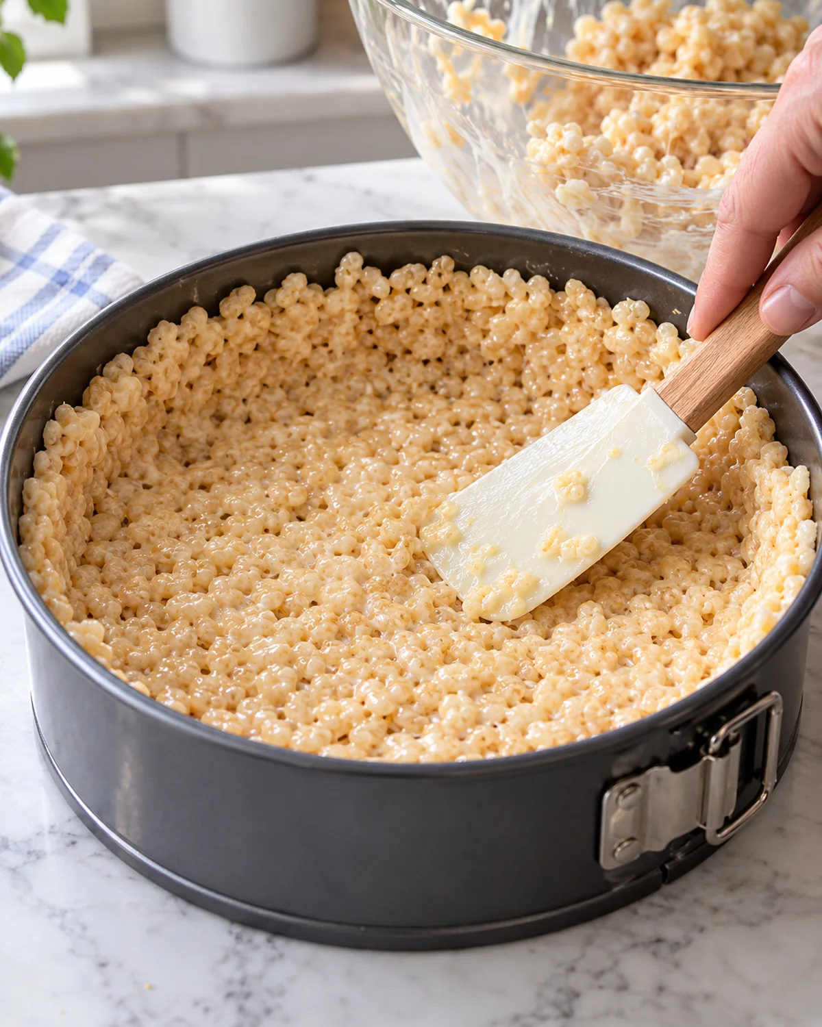 Warm marshmallow crispy rice mixture pressed into a springform pan for the cheesecake crust
