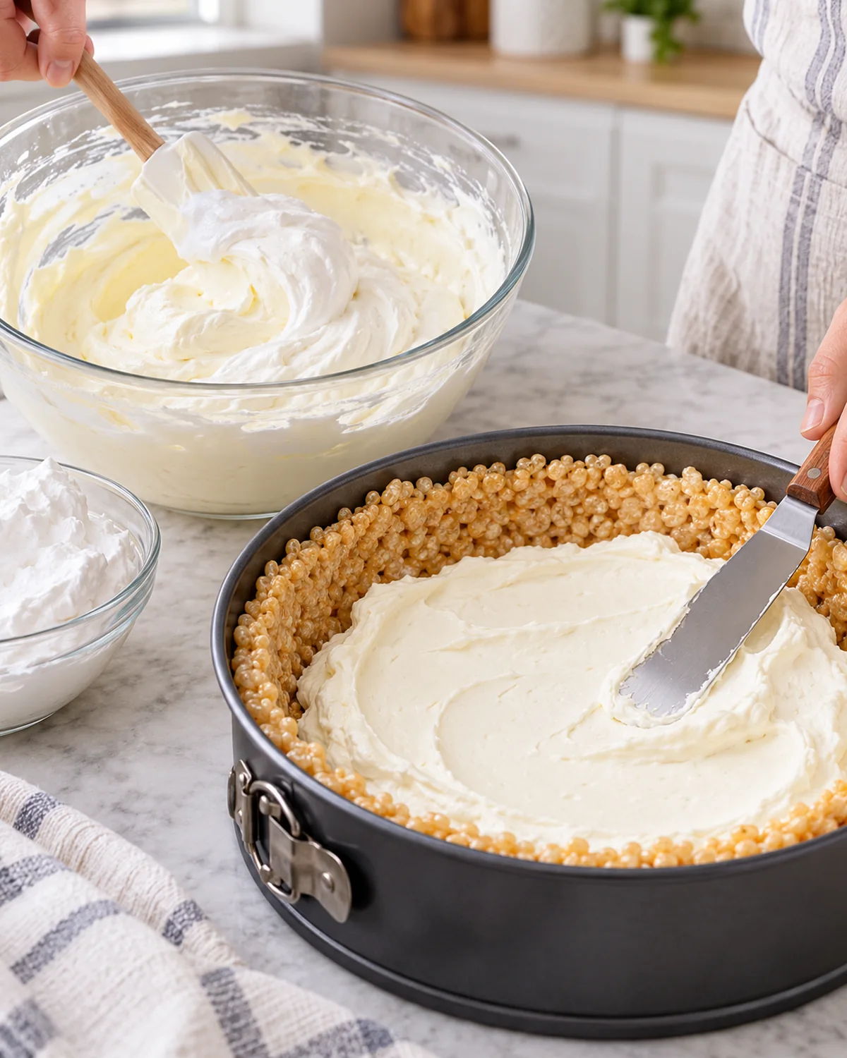 Fluffy marshmallow cheesecake filling folded and spread inside the crispy rice crust
