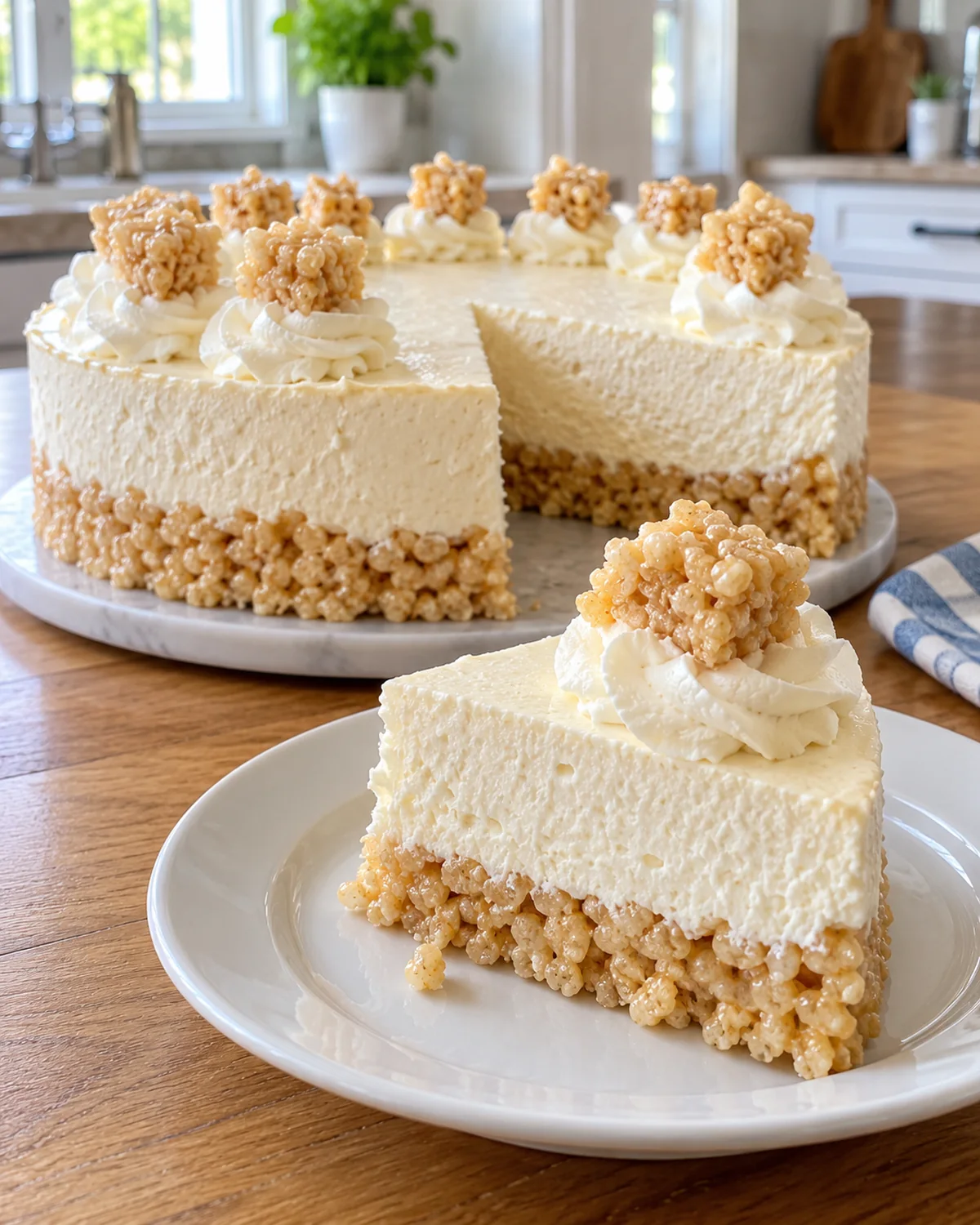 Slice of Rice Krispy Treat no-bake cheesecake served beside the decorated whole cheesecake