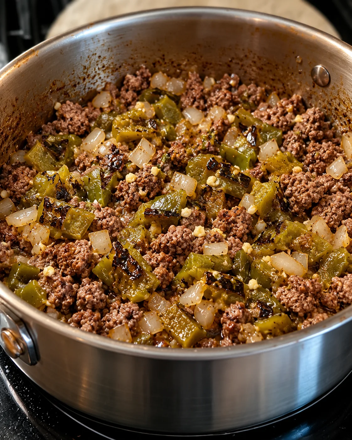 Roasted green chiles and garlic stirred into browned ground beef