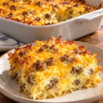 Sausage egg cream cheese hashbrown casserole with melted cheddar