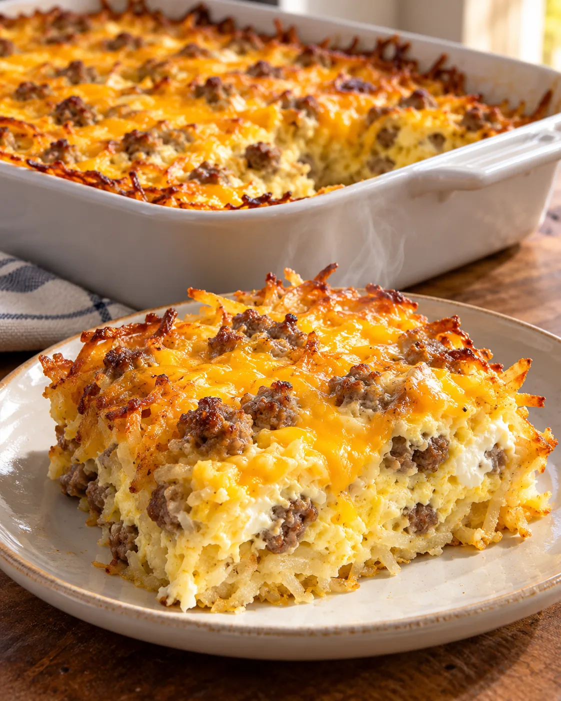 Sausage egg cream cheese hashbrown casserole with melted cheddar