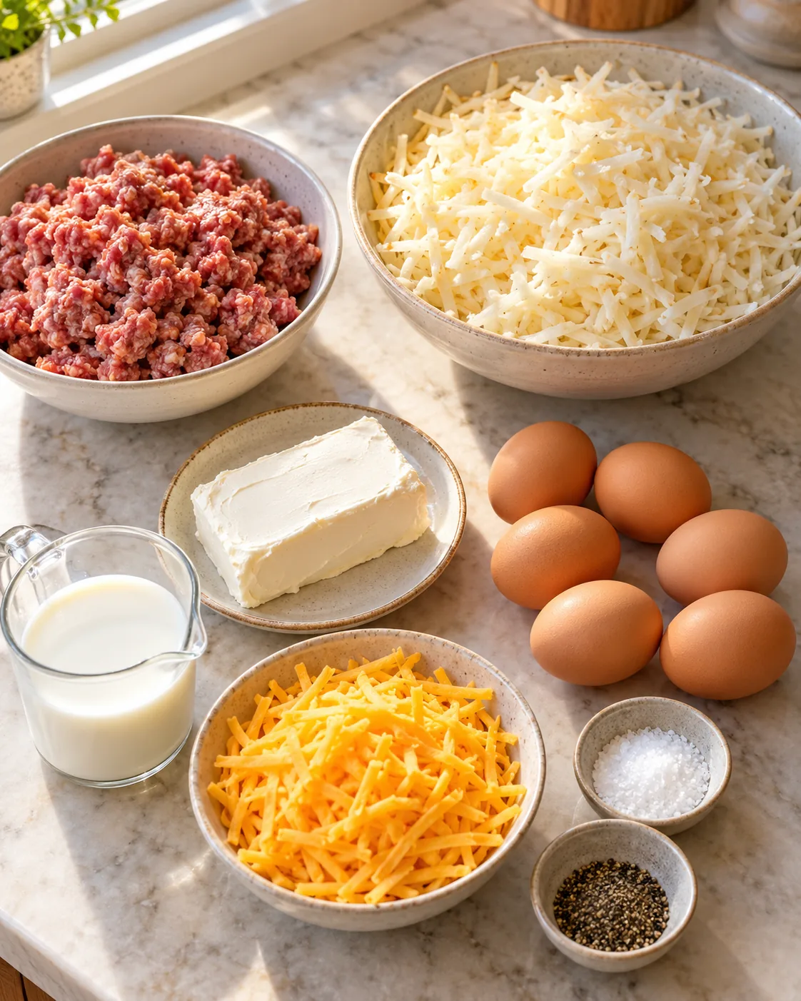 Breakfast sausage, shredded hashbrowns, cream cheese, eggs, milk, cheddar, salt, and pepper
