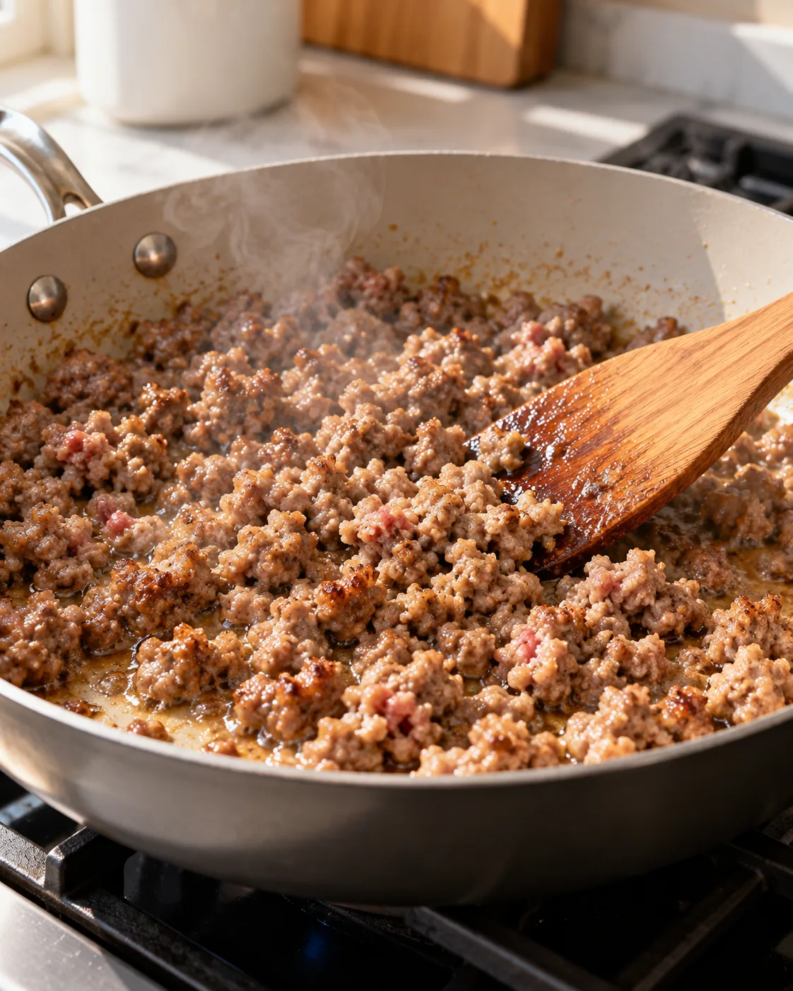 Breakfast sausage browned and crumbled in a skillet