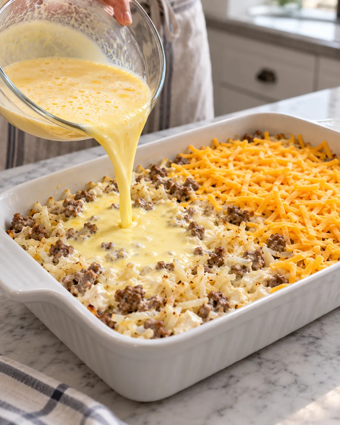 Egg mixture poured over sausage hashbrown casserole before baking
