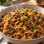 Savory Mongolian noodles with ground beef and sliced green onions