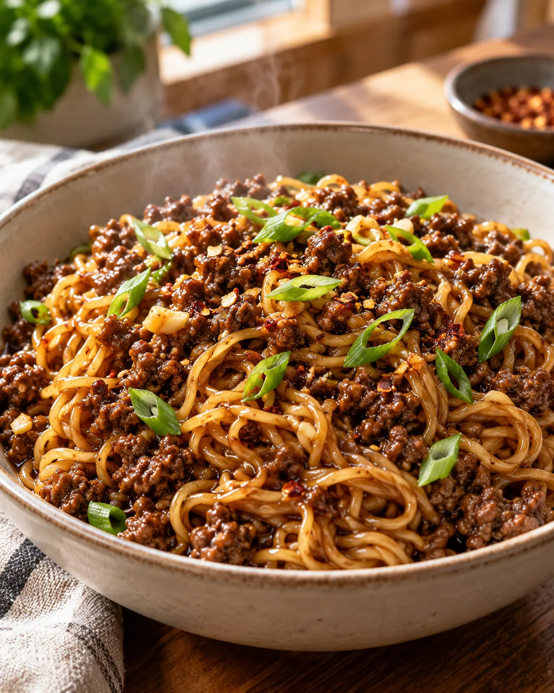 Savory Mongolian Noodles with Ground Beef