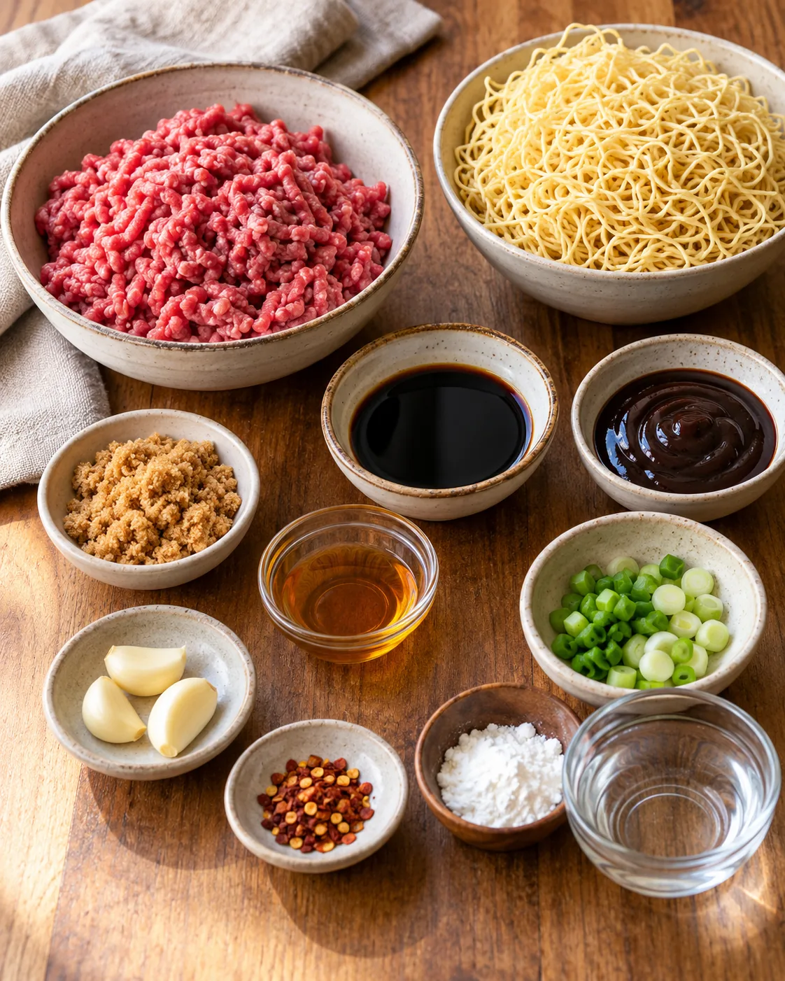Ground beef, thin noodles, soy sauce, hoisin, brown sugar, sesame oil, garlic, green onion, red pepper flakes, and cornstarch slurry