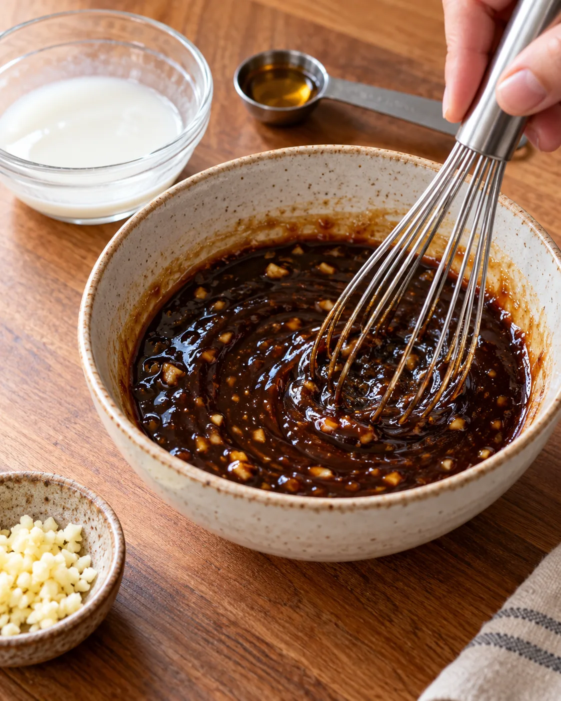 Soy sauce, hoisin, brown sugar, garlic, and sesame oil whisked for Mongolian noodle sauce