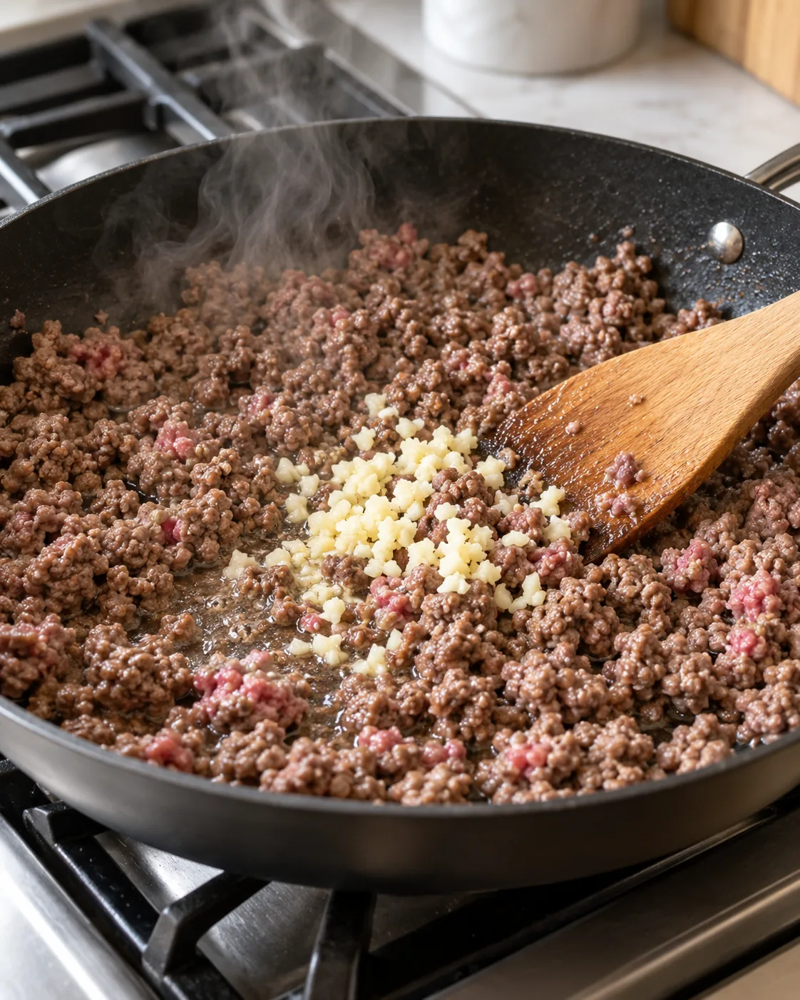 Ground beef browning with minced garlic in a skillet