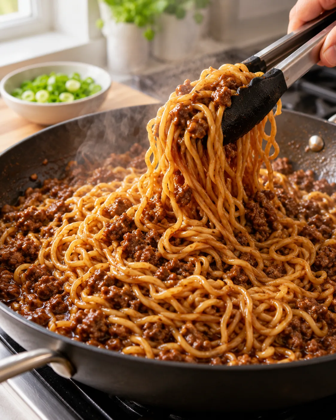 Thin noodles tossed with ground beef and glossy Mongolian sauce