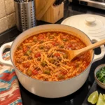Sopa de fideo with green chile and ground beef in a cream Dutch oven