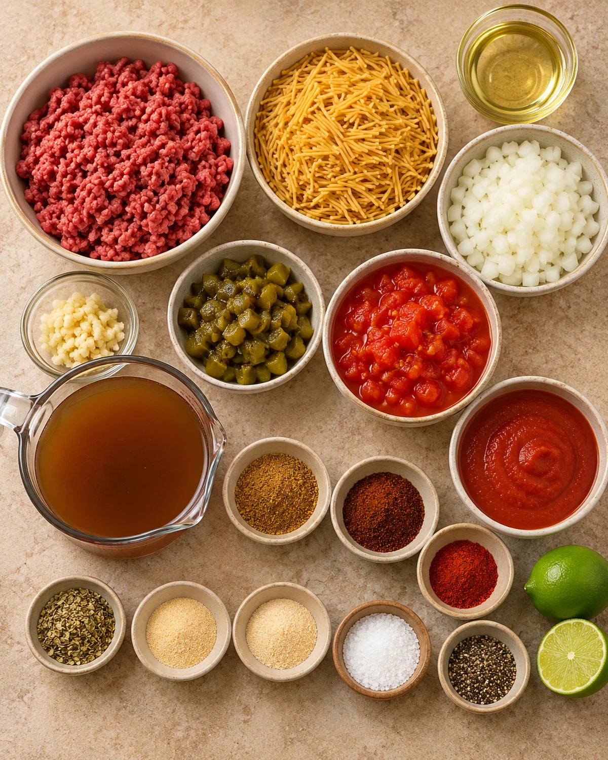 Ingredients for sopa de fideo with ground beef and Hatch green chile