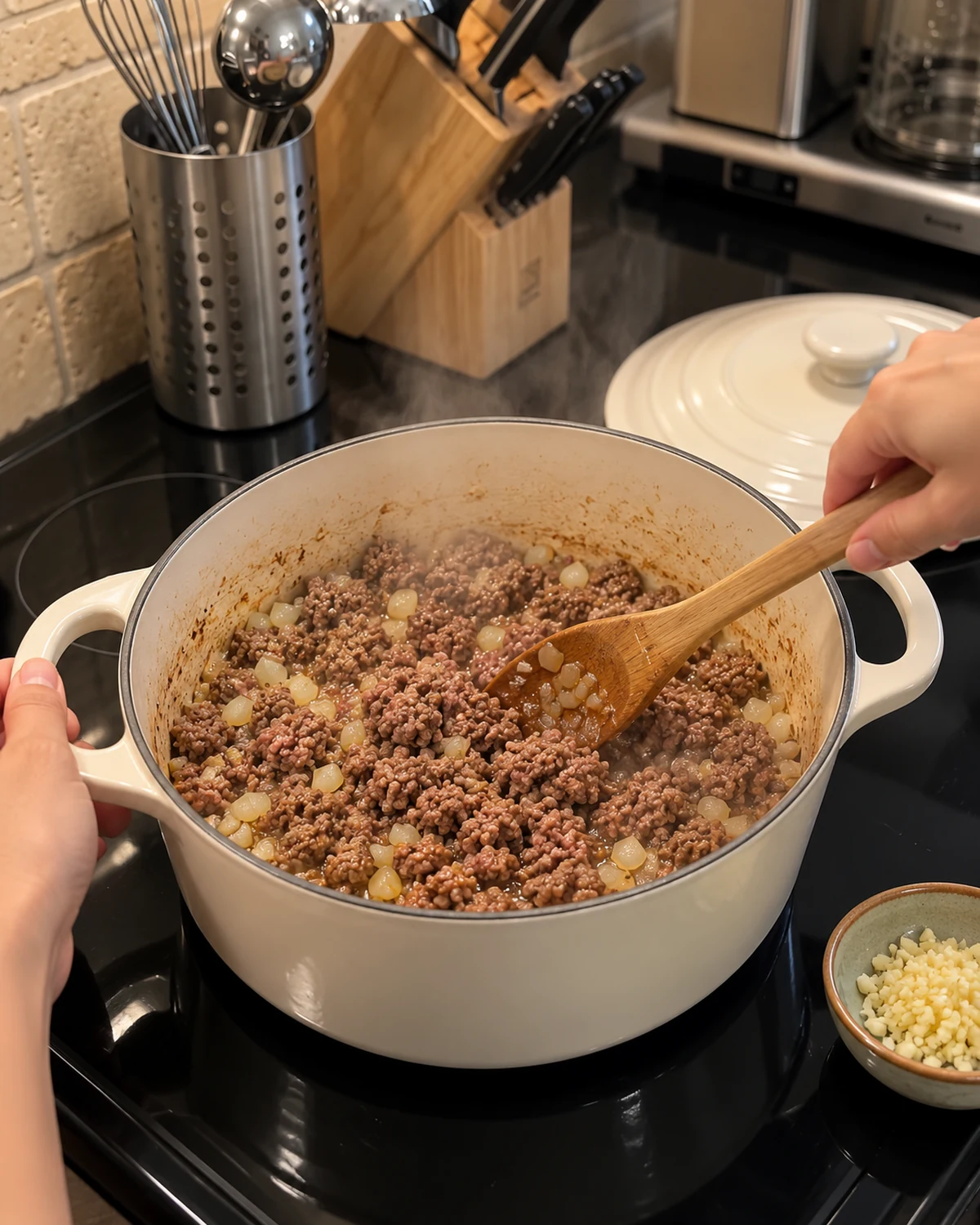 Ground beef browning with diced onion in a cream Dutch oven