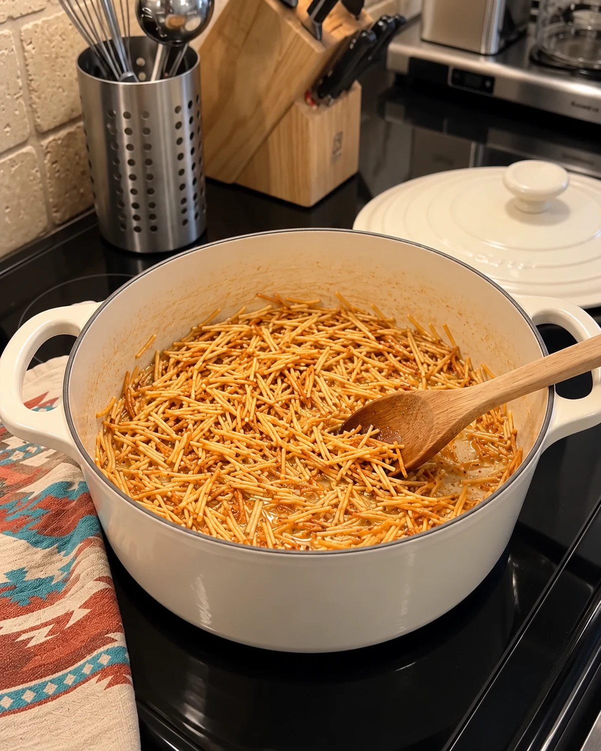 Short fideo noodles toasting in vegetable oil until lightly golden