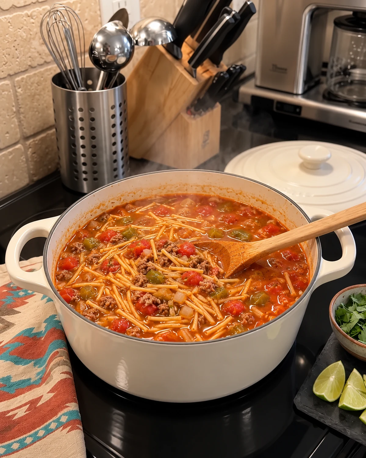 Sopa de fideo with ground beef and green chile simmering in tomato broth