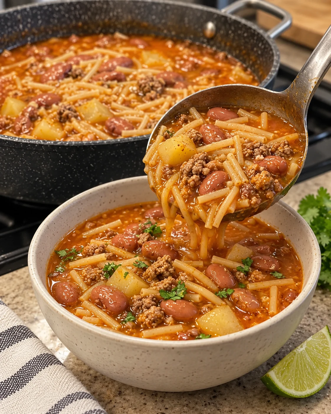 Mexican fideo soup with beef beans and potatoes being served