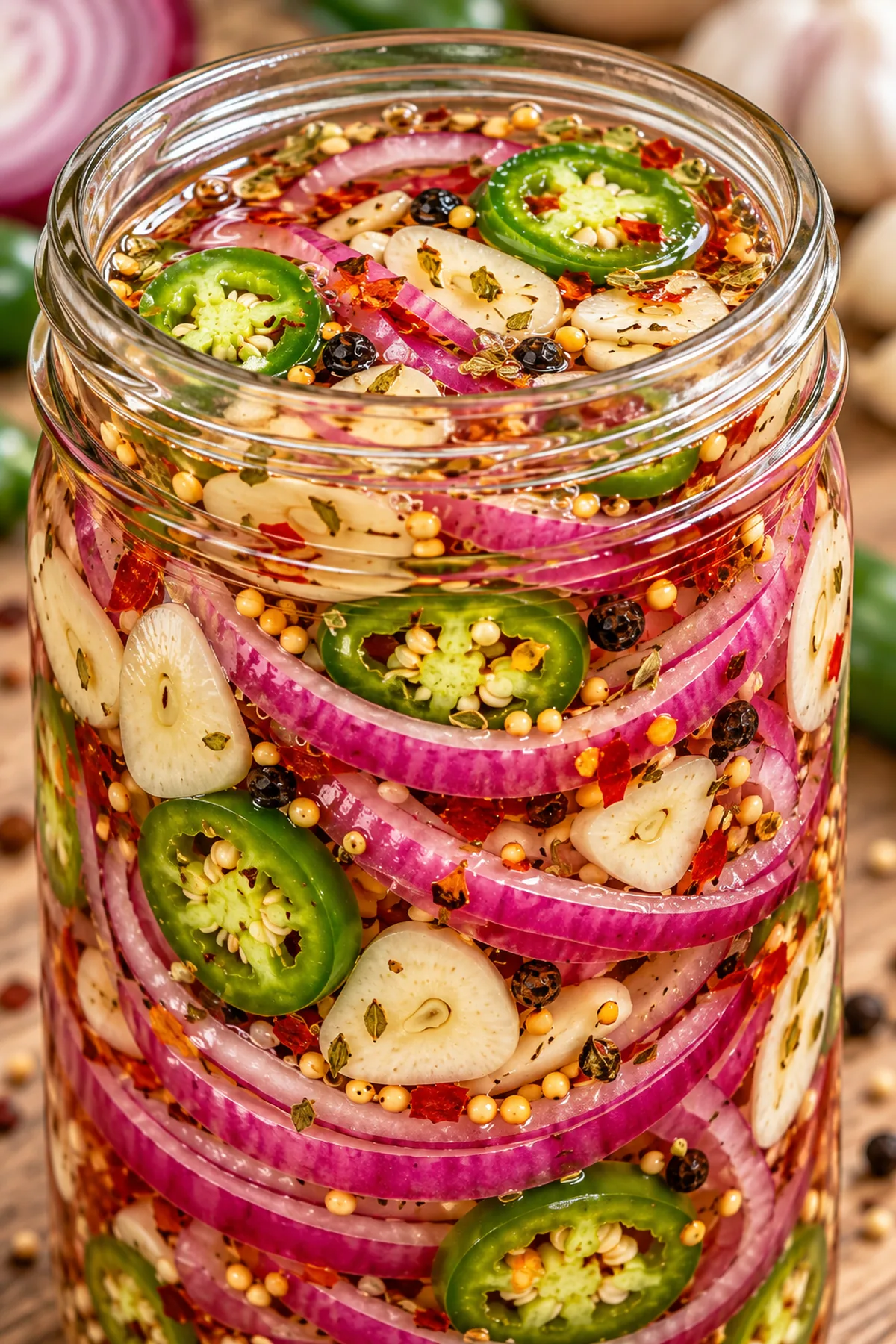 Close-up of crisp spicy pickled red onions, jalapeños, garlic, peppercorns, and mustard seeds