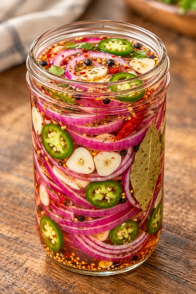 Jar of spicy garlic pickled red onion rings and green jalapeño slices in seasoned brine