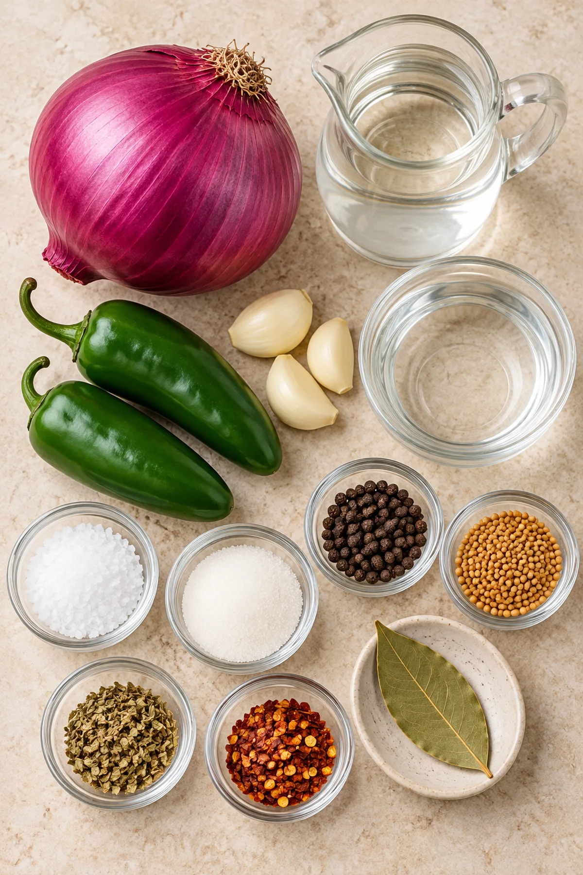 Red onion, jalapeños, garlic, vinegar, salt, sugar, peppercorns, mustard seeds, oregano, chile flakes, and bay leaf