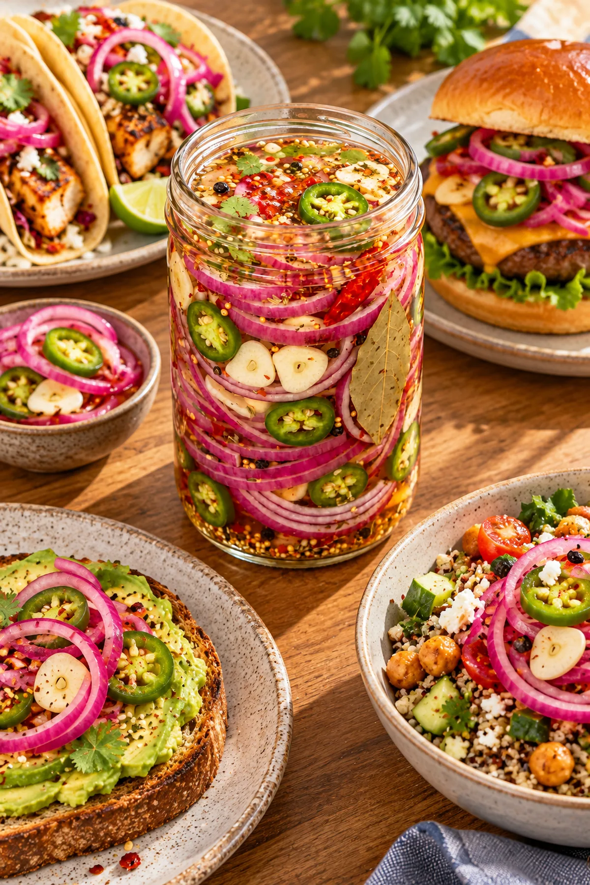 Spicy garlic pickled onions and jalapeños served with tacos, a burger, avocado toast, and a grain bowl