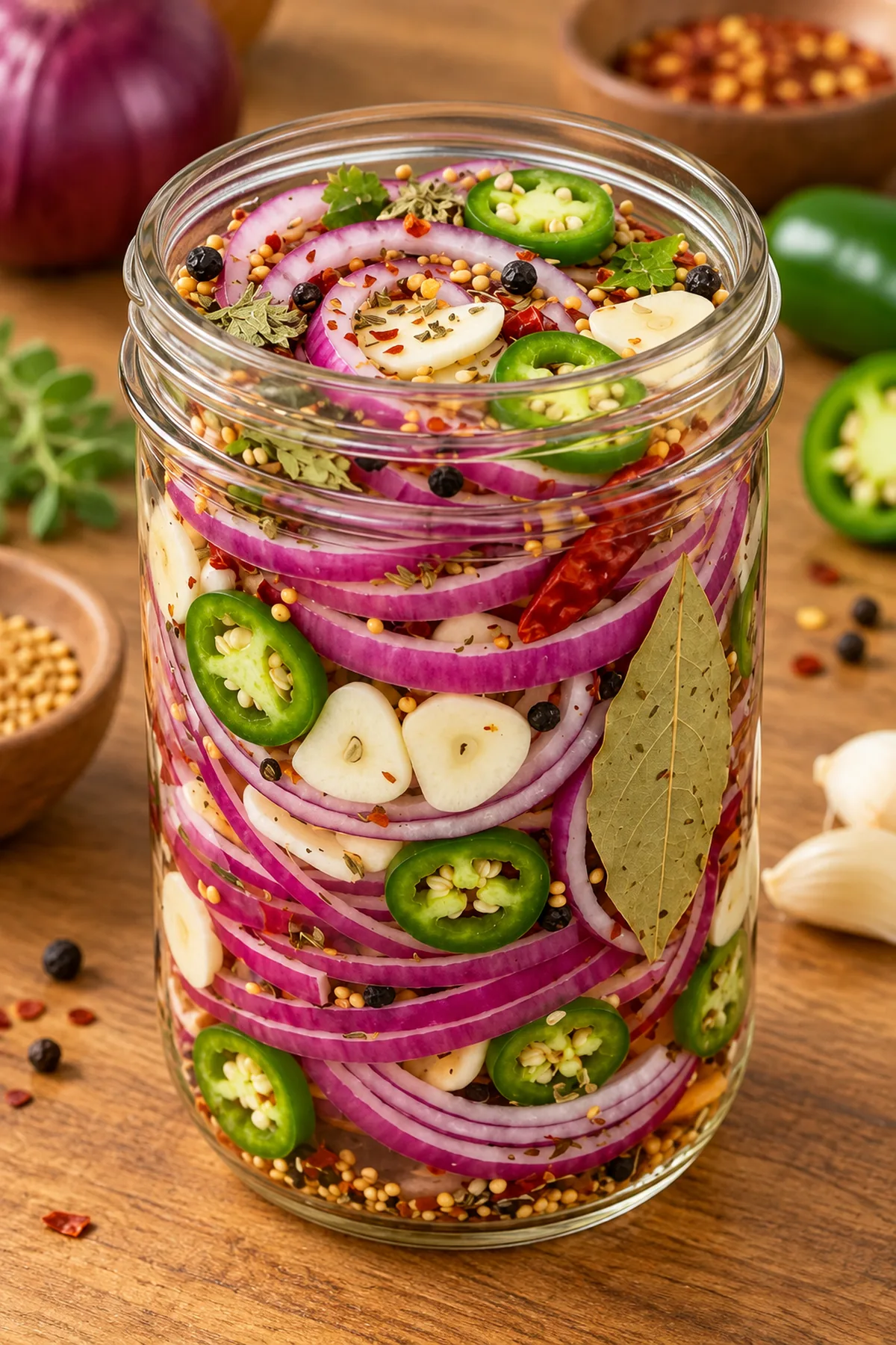 Red onion rings, jalapeño rounds, sliced garlic, and spices packed in a clean glass jar