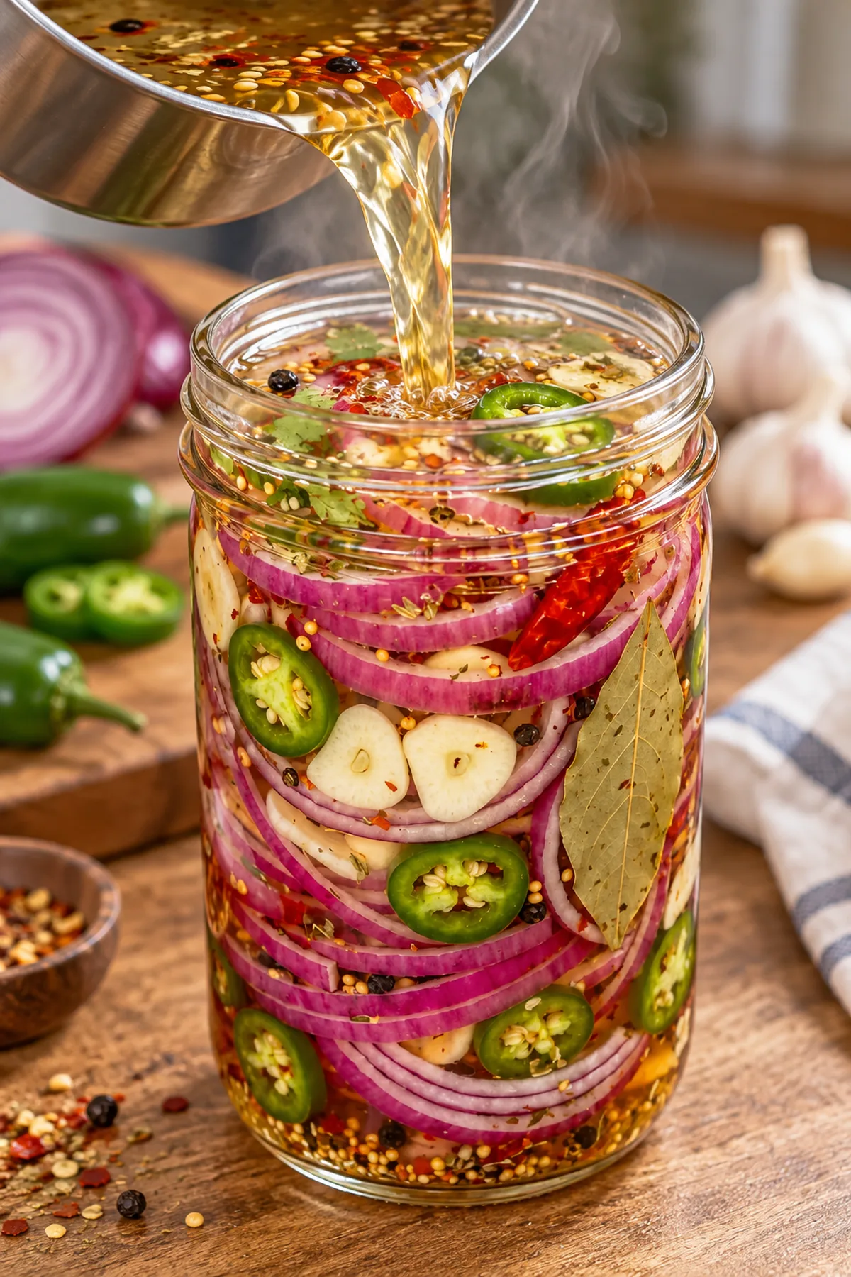 Hot vinegar brine being poured into a jar of red onions, jalapeños, garlic, and spices