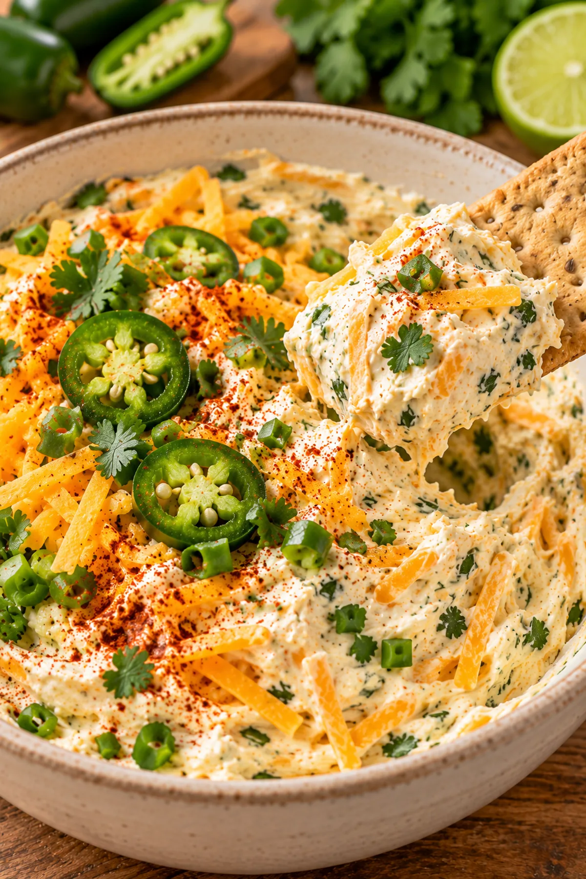 Close-up of thick jalapeño cheddar cream cheese spread on a cracker