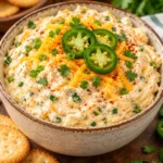 Bowl of spicy jalapeño cheddar cream cheese spread garnished with jalapeño, cheddar, cilantro, and smoked paprika