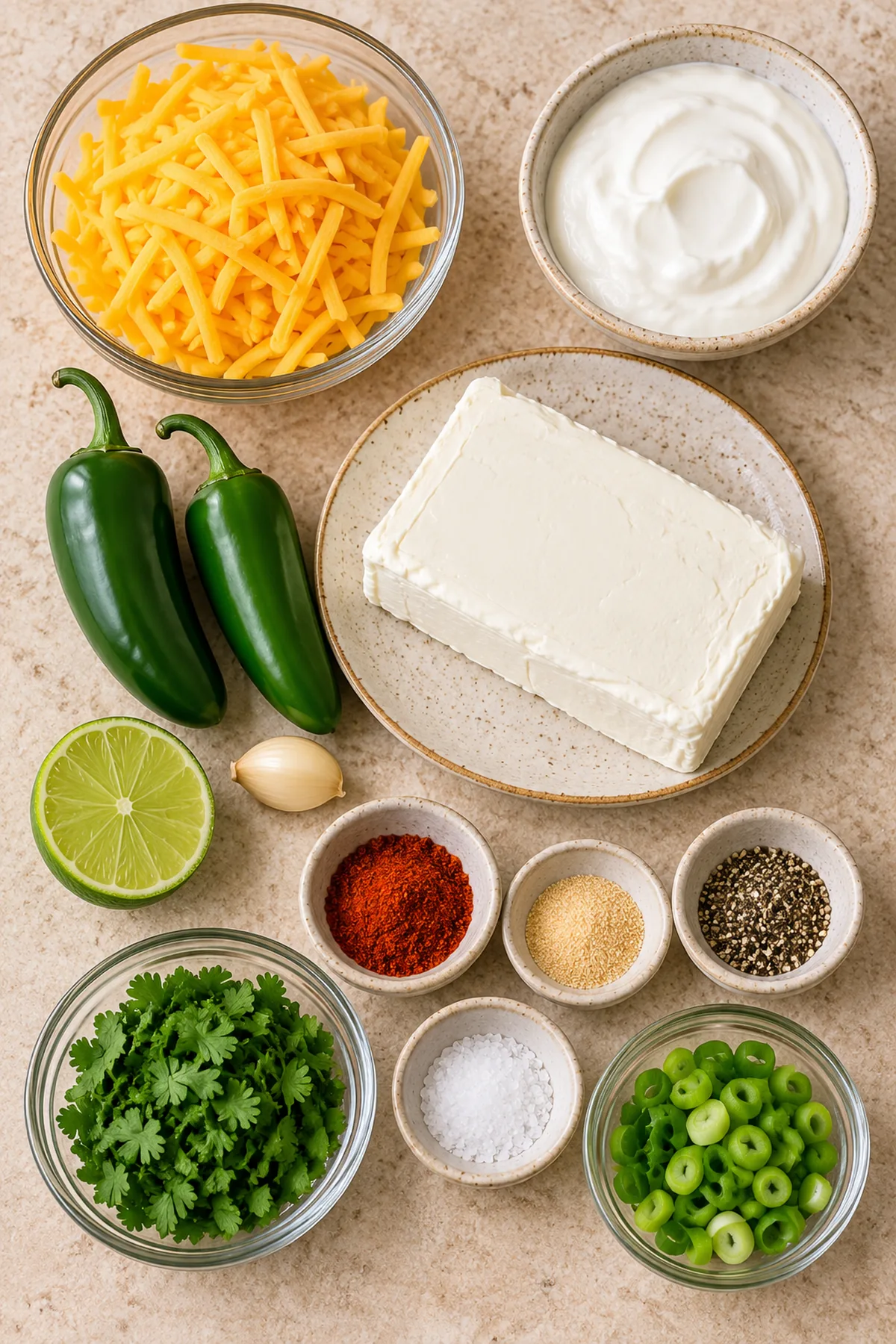 Cream cheese, cheddar, jalapeños, garlic, sour cream, lime, cilantro, green onions, and smoky seasonings