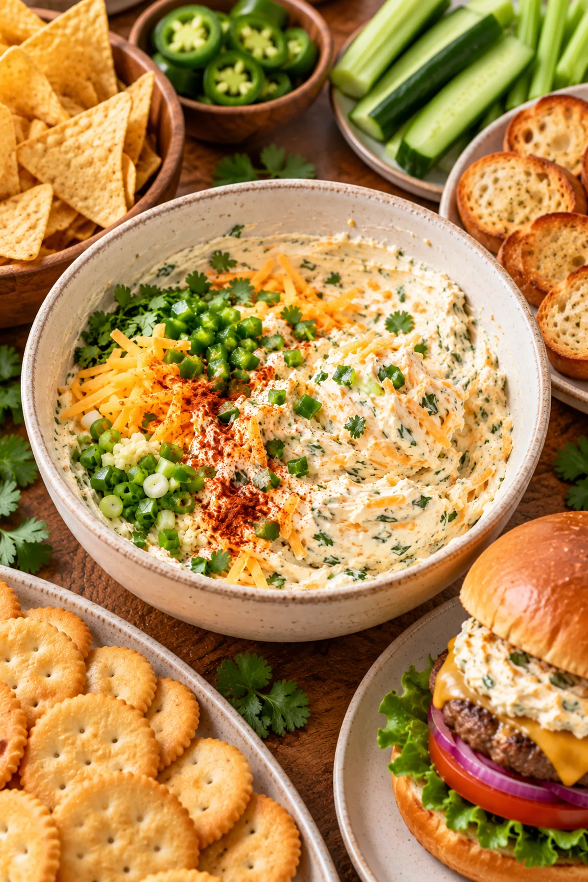 Spicy jalapeño cheddar cream cheese spread served with crackers, chips, crostini, vegetables, and a burger