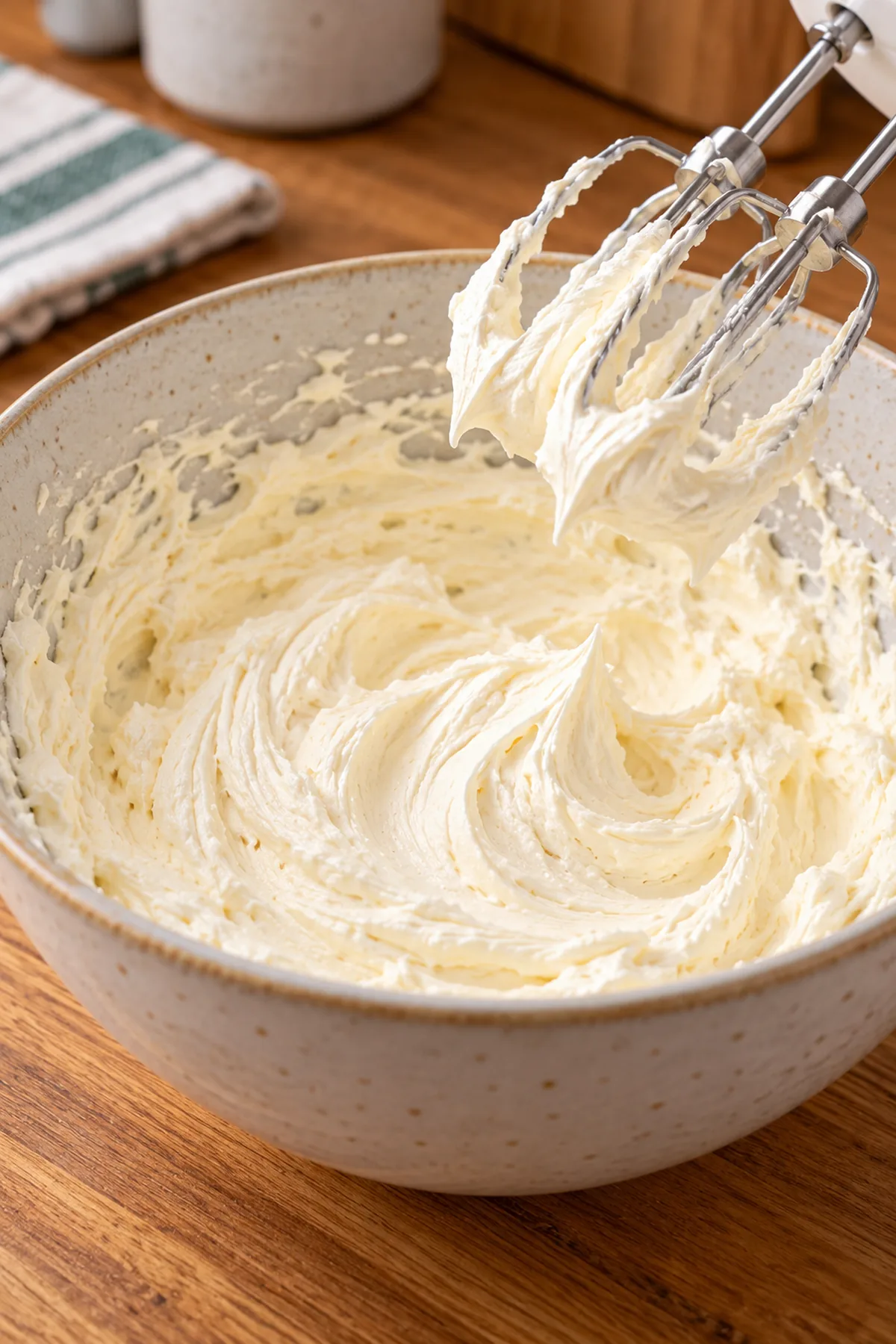 Softened cream cheese and sour cream beaten until smooth and fluffy in a mixing bowl