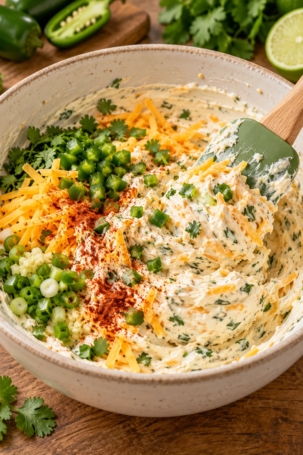 Jalapeño, cheddar, cilantro, green onion, garlic, lime, and smoked paprika folded into cream cheese