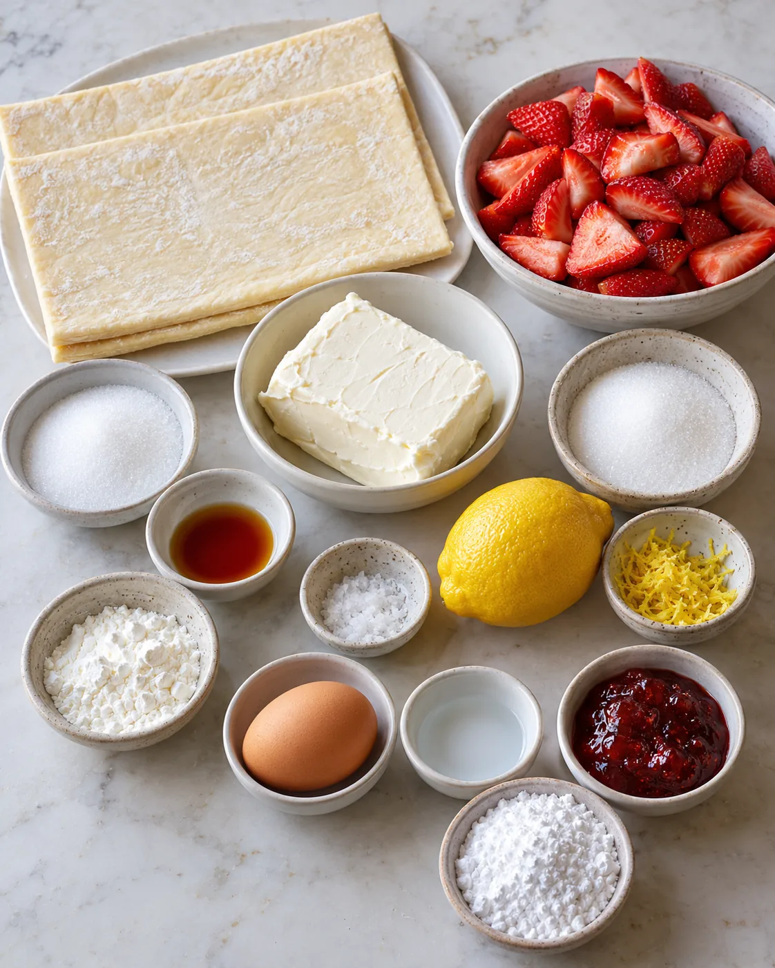 Puff pastry, cream cheese, sugar, vanilla, salt, lemon, strawberries, cornstarch, egg, water, powdered sugar, and strawberry jam