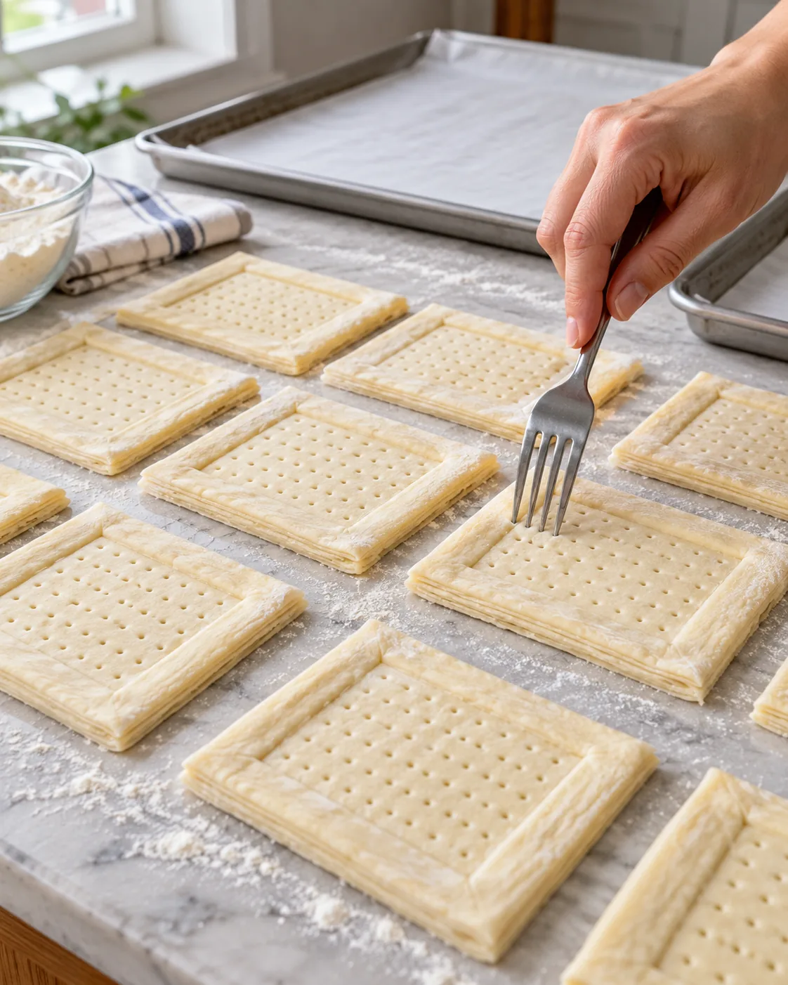 Puff pastry rectangles docked in the center for strawberry danishes
