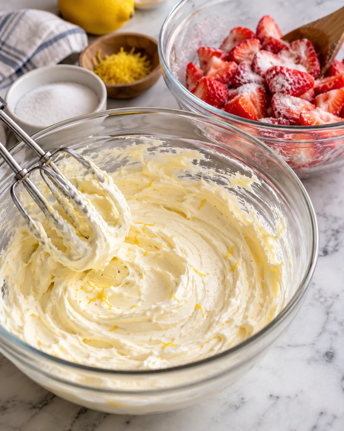 Cream cheese filling mixed beside strawberries coated with sugar and cornstarch