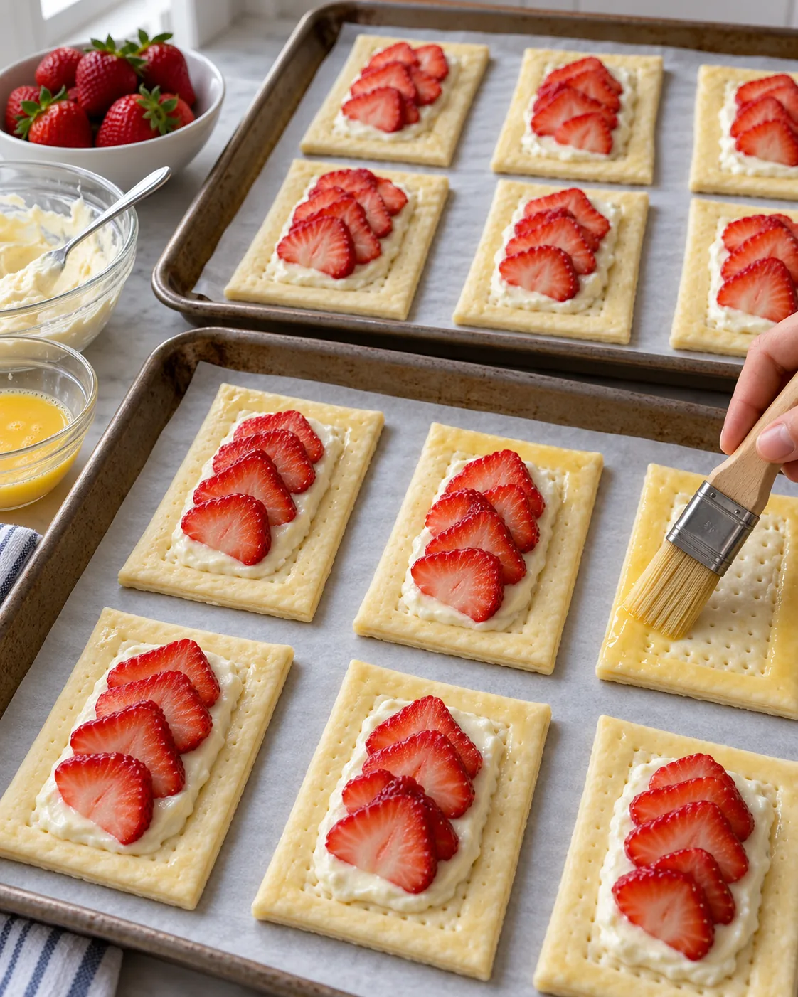 Strawberry cream cheese danishes assembled and brushed with egg wash