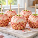 Strawberry Shortcake Candy Apples coated in white chocolate, cookie crumbs, and pink drizzle