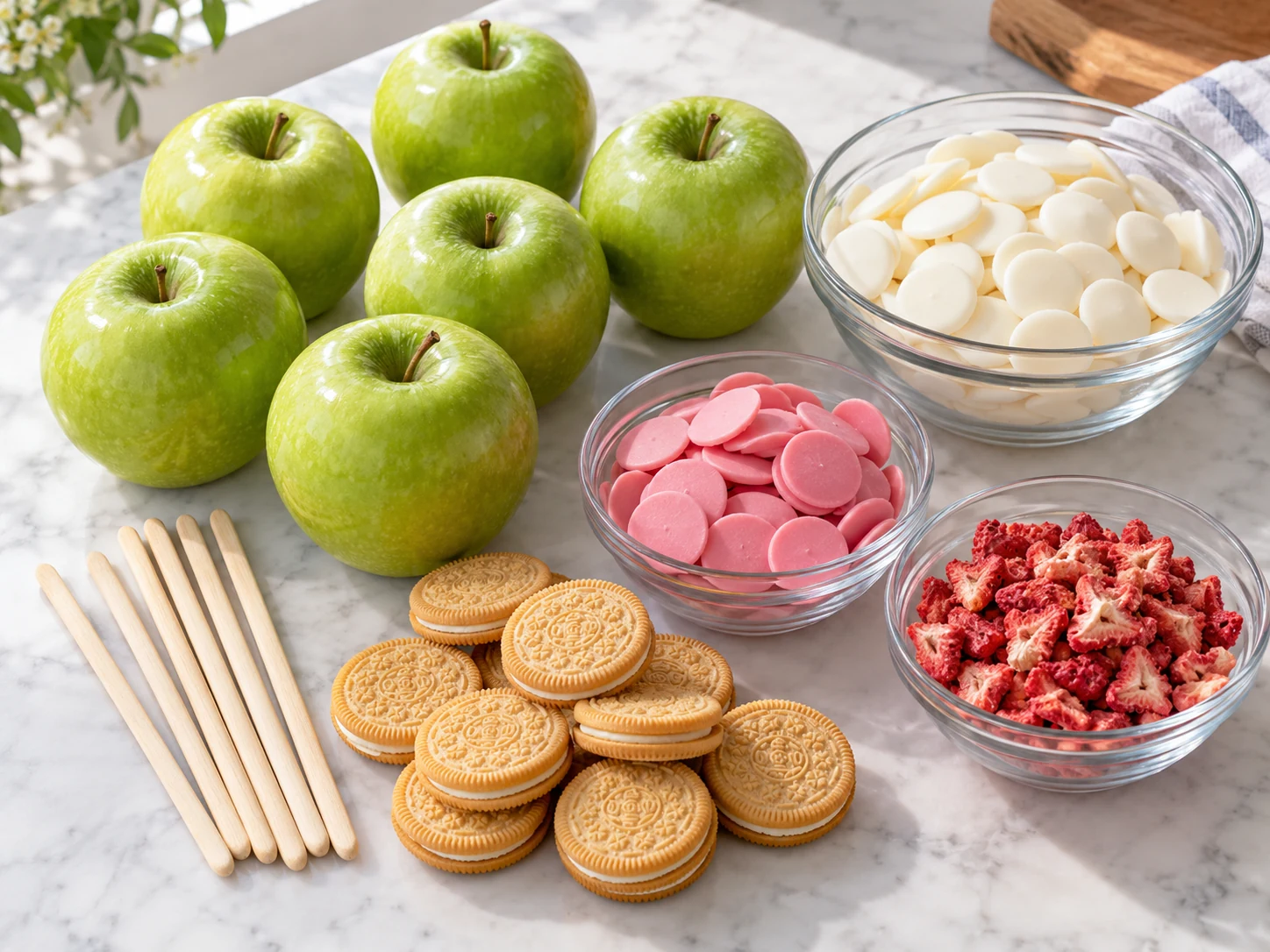 Granny Smith apples, wooden sticks, white chocolate wafers, pink candy melts, golden cookies, and freeze-dried strawberries