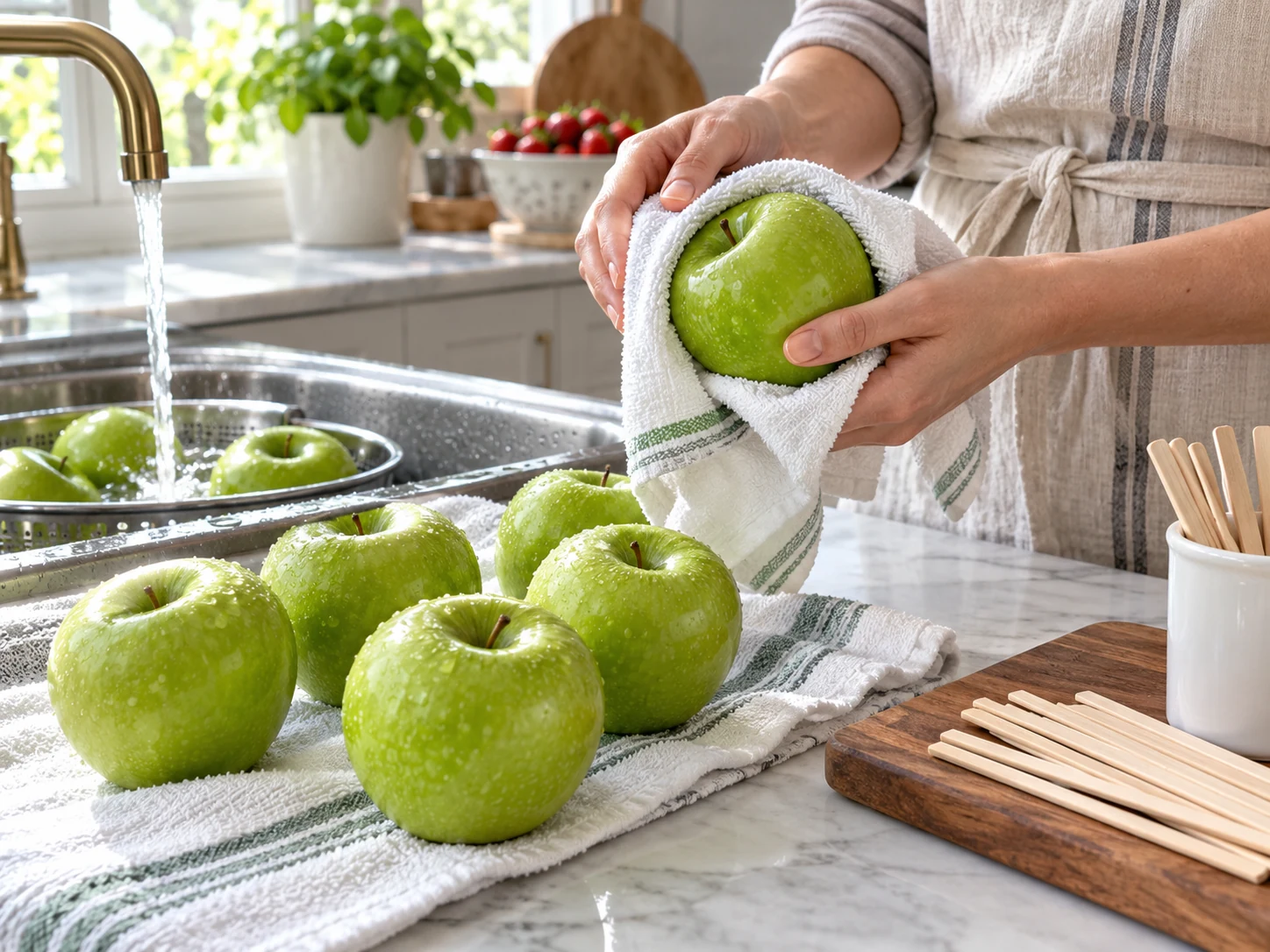 Granny Smith apples washed and dried thoroughly before inserting wooden sticks